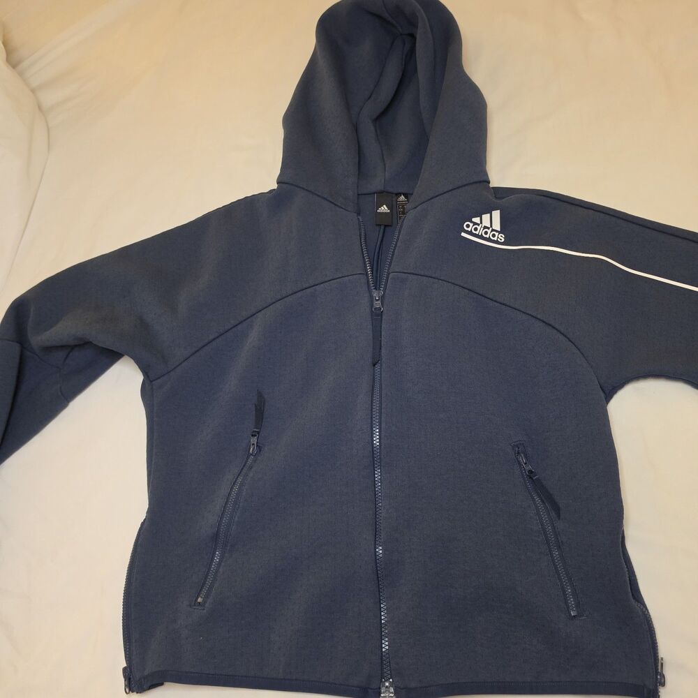Adidas Z.N.E. Full Zip Hoodie Navy Blue Primegreen Boys Size Youth L 14/16